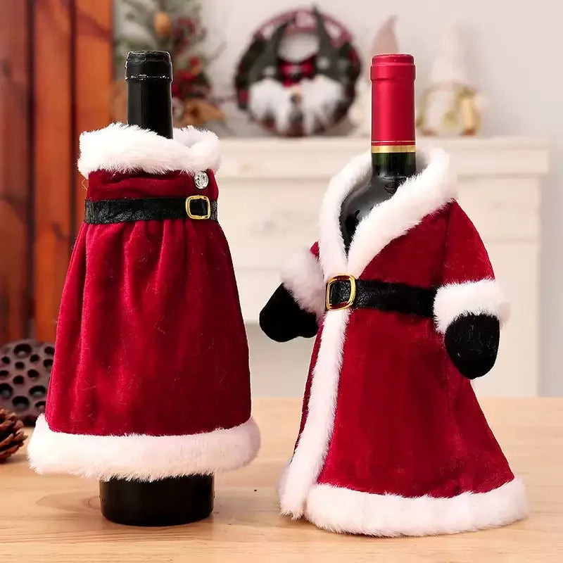 Cute Christmas Wine Bottle Golden Velvet Dress Cover – Santa & Snowman Holiday Décor