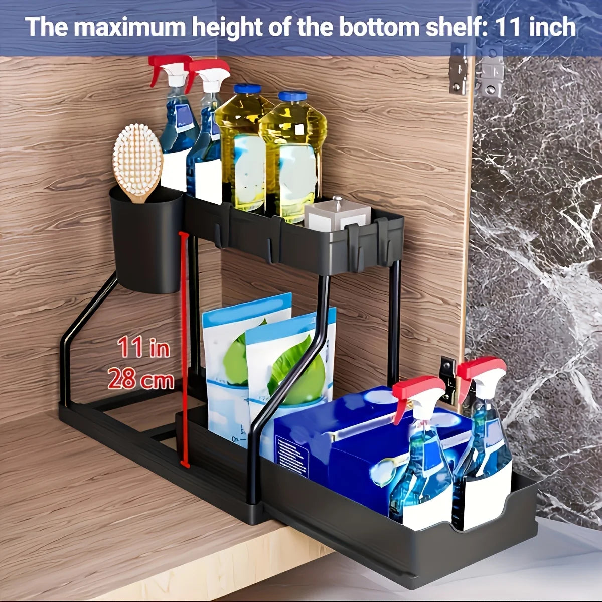 2 Pack 2-Tire Pull Out Under Sink Organizer Double Layer Kitchen Storage Shelf
