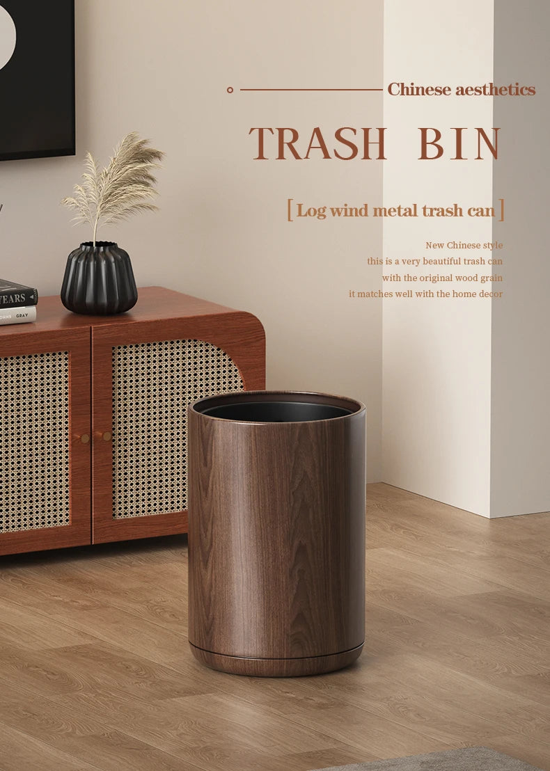 Leasylife Vintage Trash Can | Walnut Wood Pattern Metal Wastebasket for Bathroom & Living Room