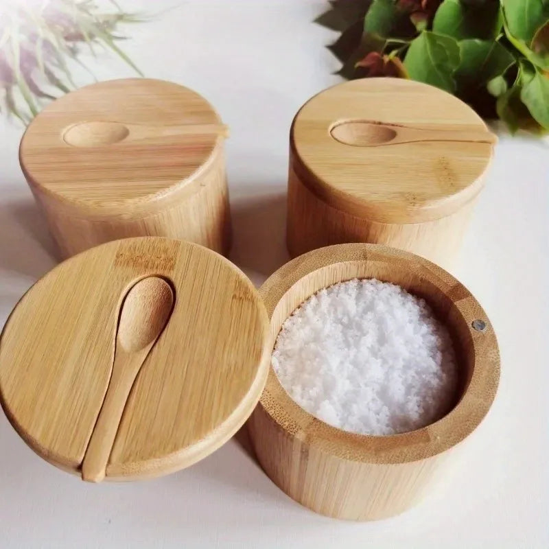3 Piece Bamboo Spice Jar Set with Lids and Mini Serving Spoons