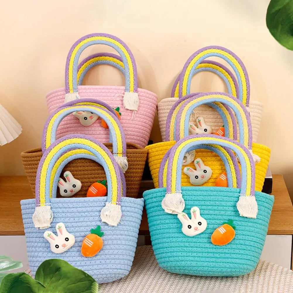 Easter Woven Bunny Basket with Handle Cotton Gift Basket for Egg Hunt