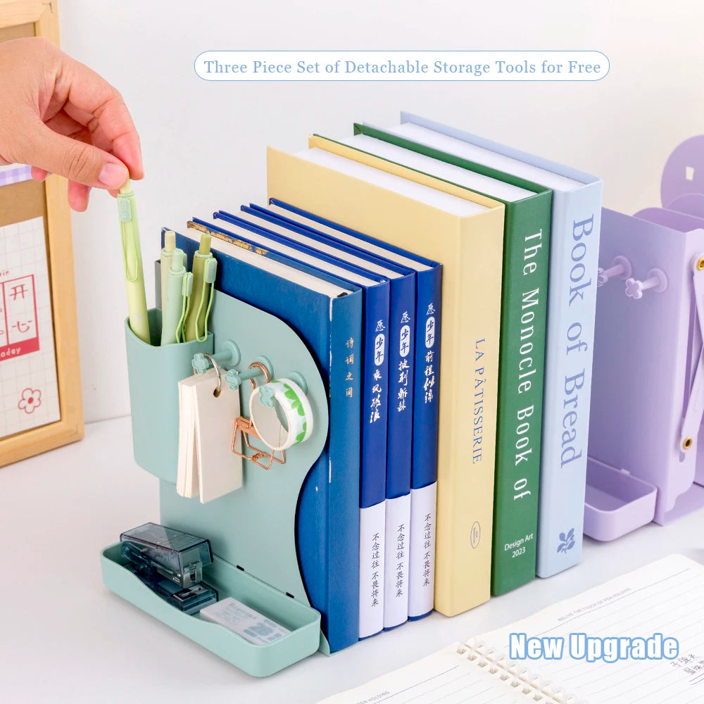 Retractable metal book stand – desktop organizer with pen holder and book clip USA