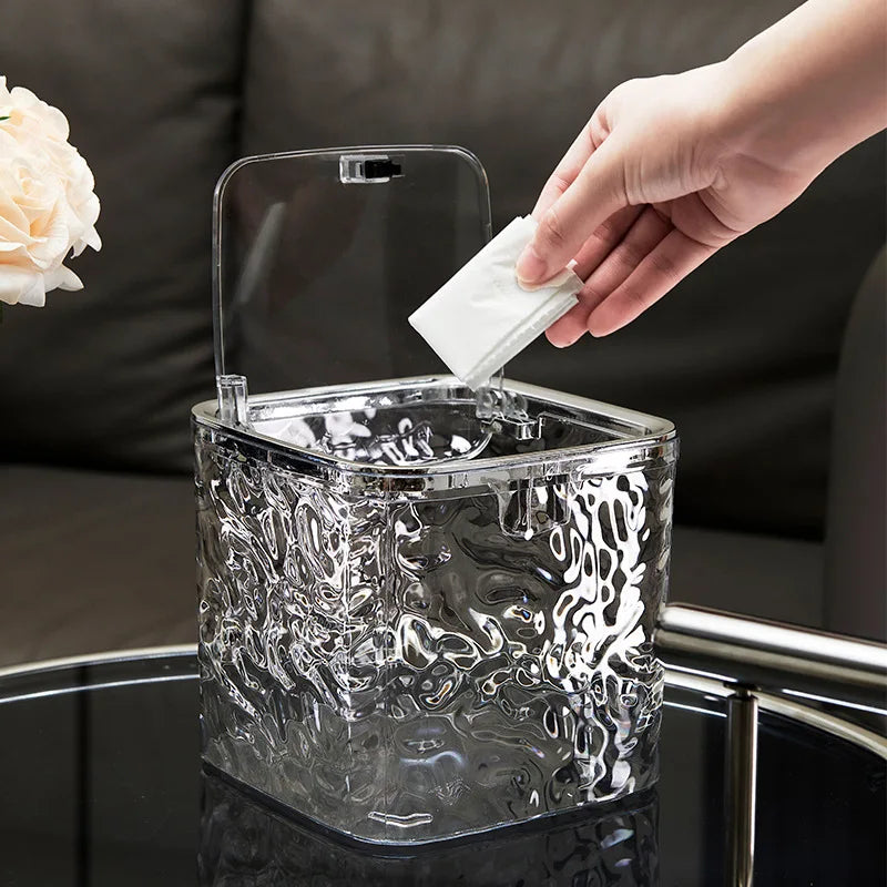 Mini Countertop Trash Can with Press Type Lid | Glacier Pattern Desktop Waste Bin for Home & Office