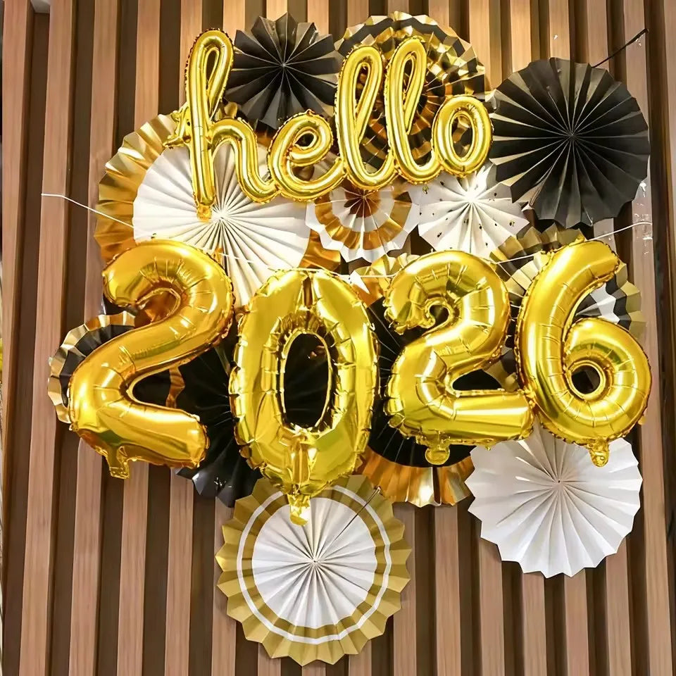 Hello 2026 New Year Aluminum Foil Balloon Set | Gold Hello & 2026 Number Balloons (7 PCS)