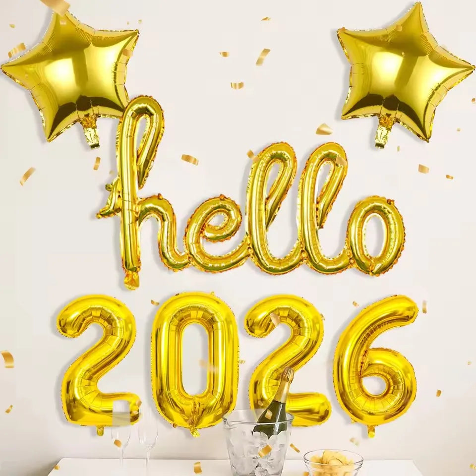 Hello 2026 New Year Aluminum Foil Balloon Set | Gold Hello & 2026 Number Balloons (7 PCS)