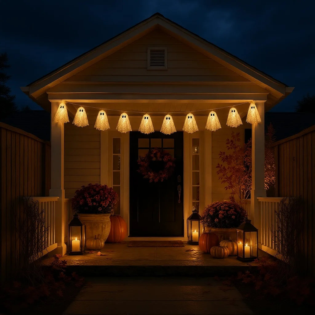 Cream lace Halloween ghost garland with warm white lights