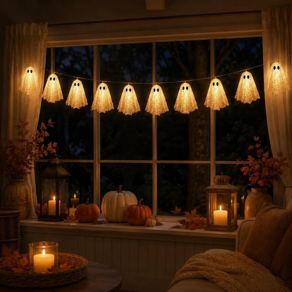 Halloween ghost garland decorating an indoor entryway