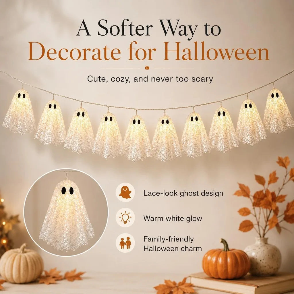 Cream lace ghost garland draped along a stair railing