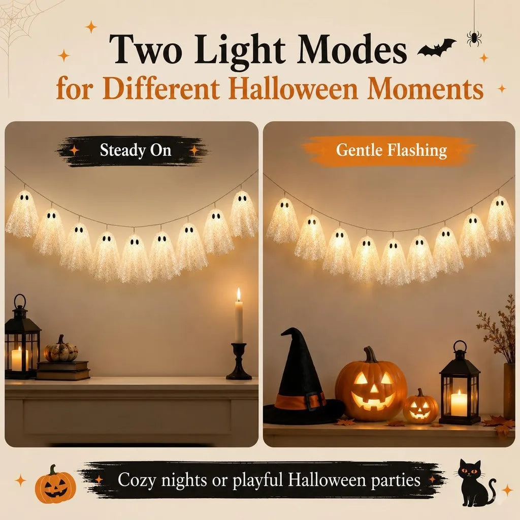 Warm white ghost string lights above a Halloween party table