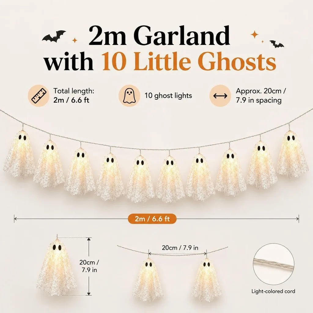 Cream ghost string lights displayed across an indoor wall
