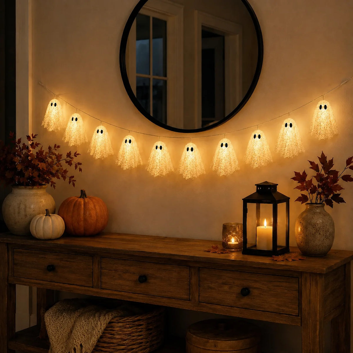 Cream lace Halloween ghost garland framing a window