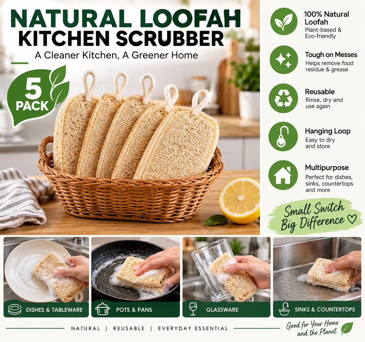 5-Pack Natural Loofah Kitchen Scrubber Sponges with Hanging Loops