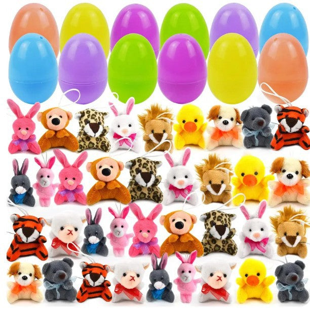 Bulk set of colorful Easter eggs with assorted stuffed animal fillers for party favors