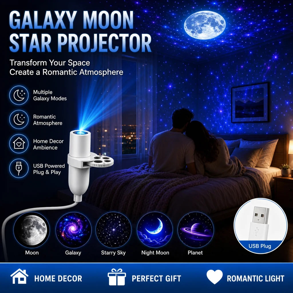 Star projector adding decorative lighting to a birthday party setup