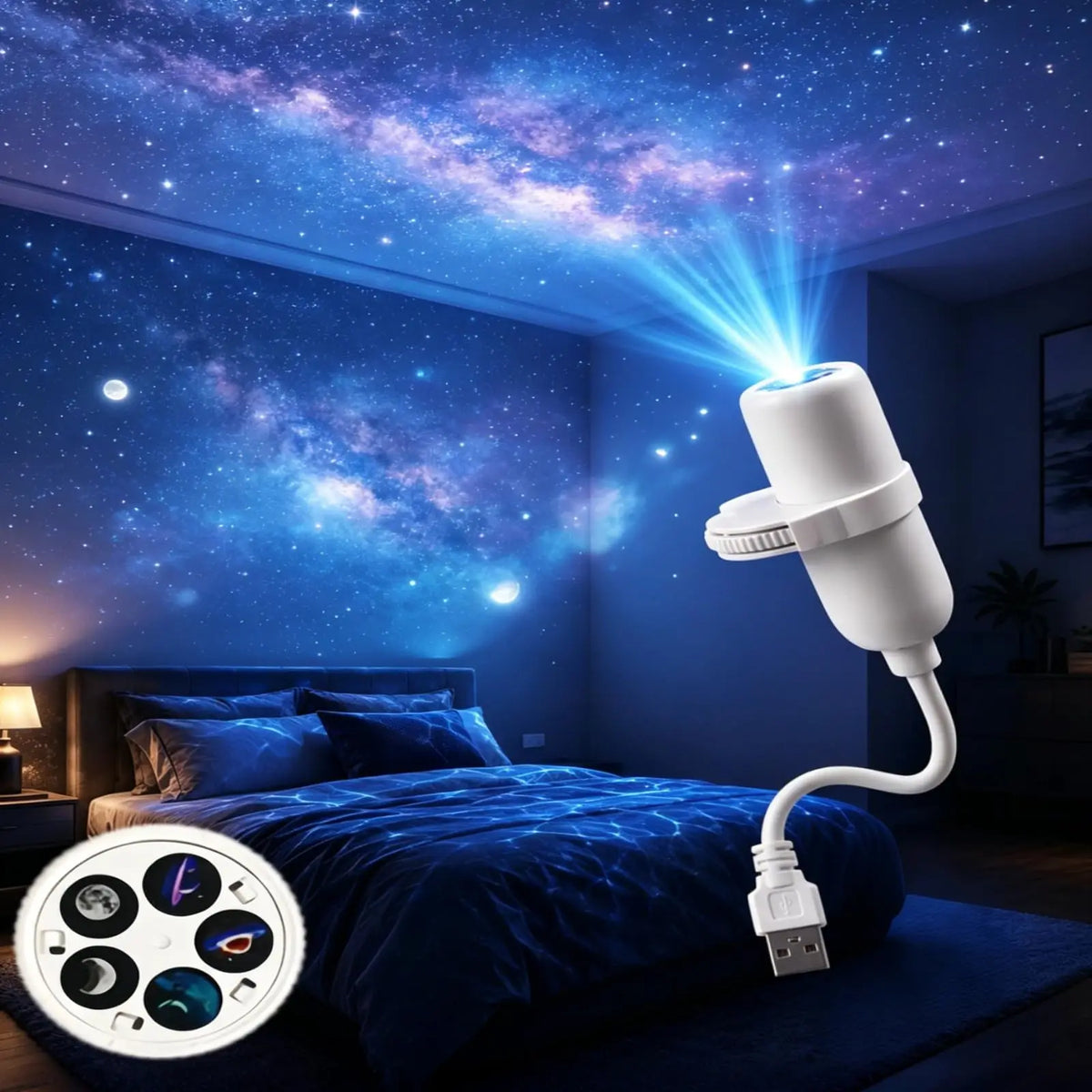 Star projector illuminating a wall in a dim room
