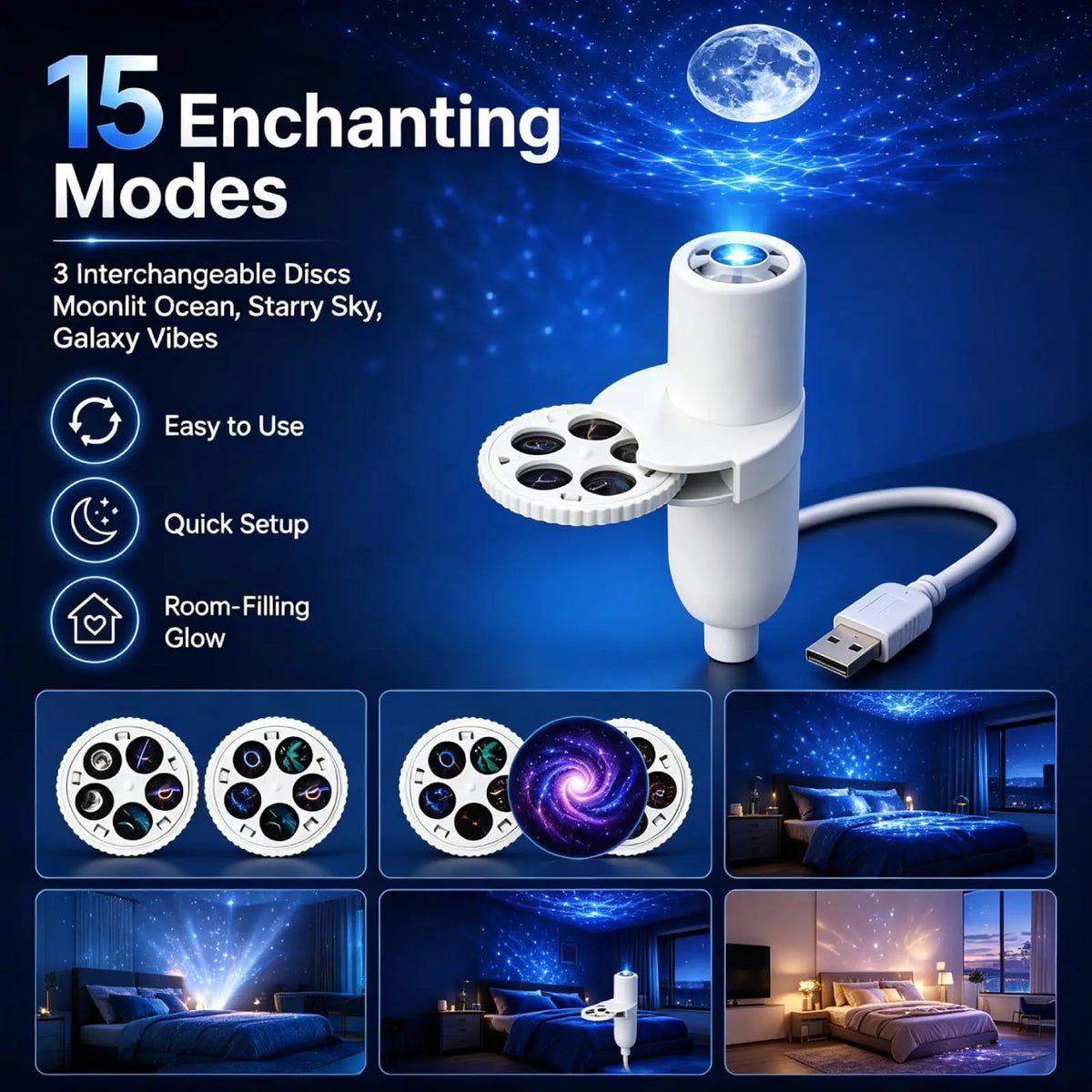 Mini USB star projector and included accessories laid out