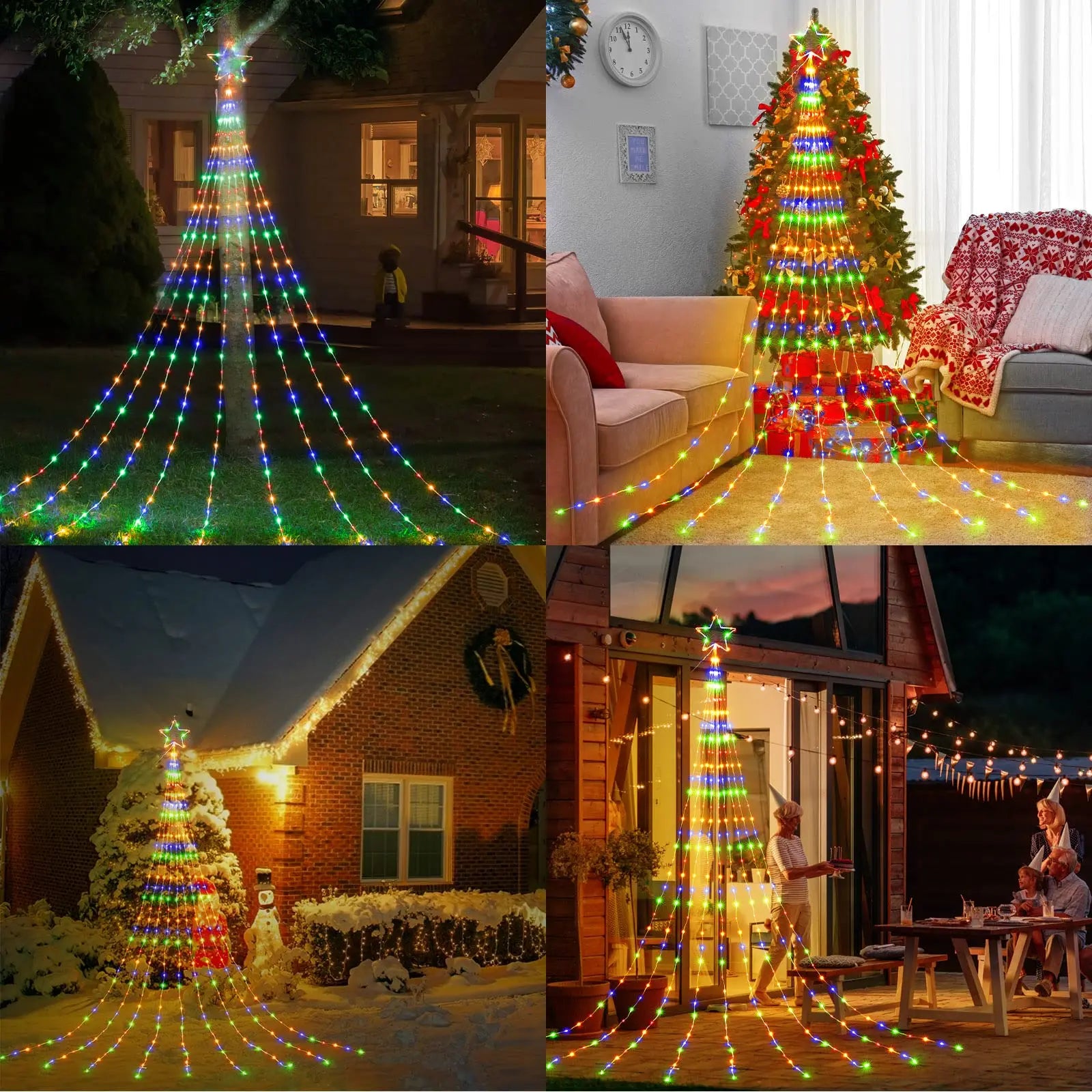 Collage of LED string lights in various settings including outdoor and indoor scenes.